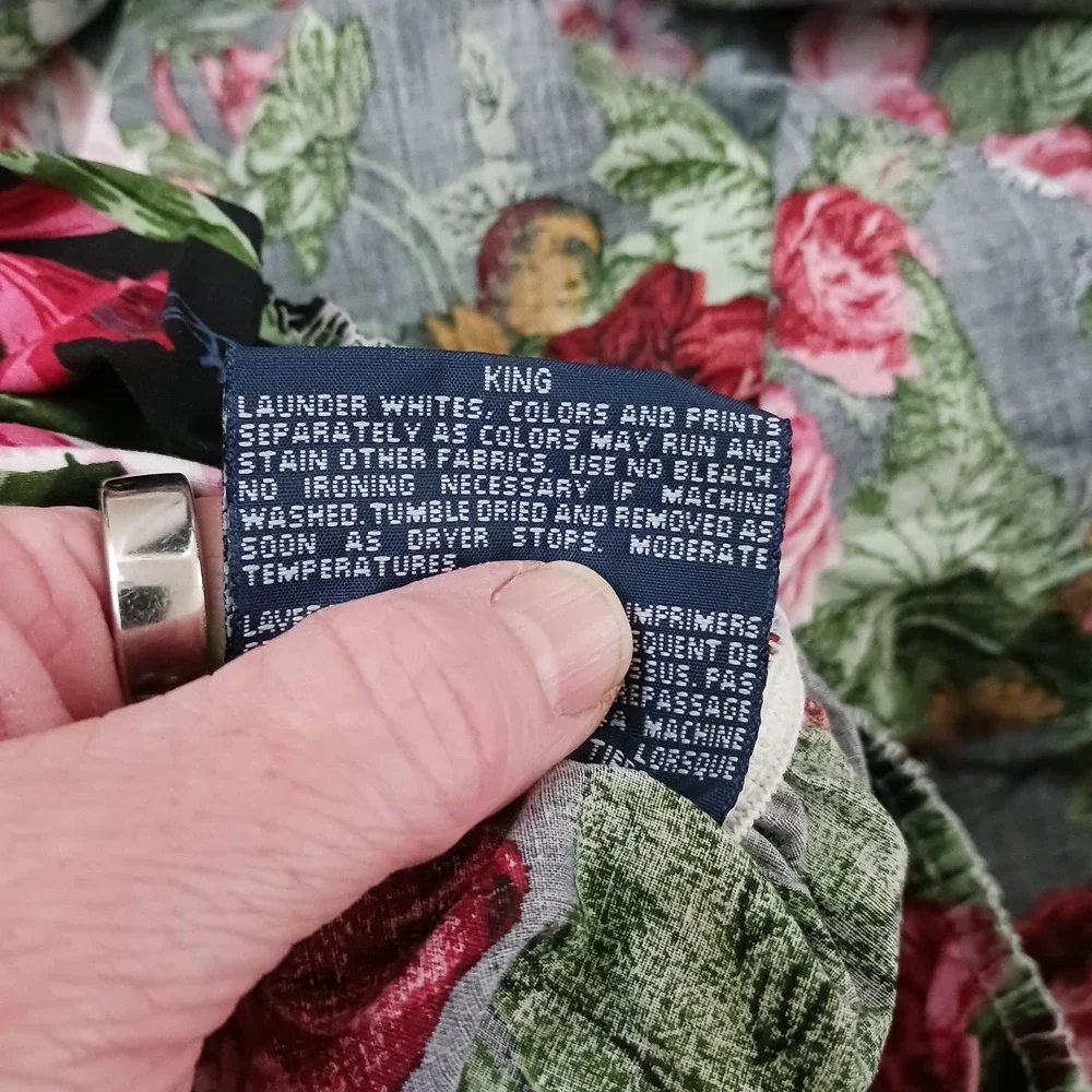 Vintage Cossette Isadora Ralph Lauren Fitted King Sheet Black Floral Cotton‎ USA
